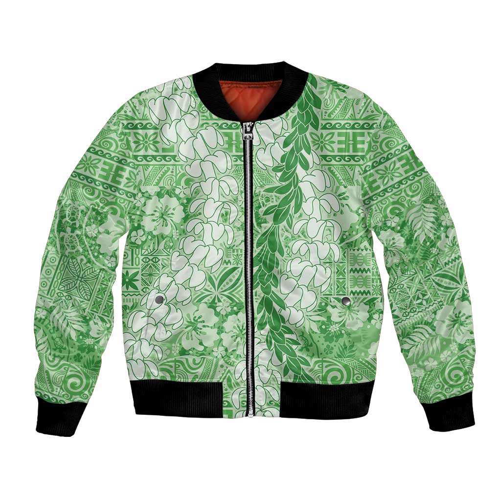 Green Puakenikeni and Maile Lei Bomber Jacket Hawaiian Style Tribal Tapa Double Strand Lei LT9 Unisex Green - Polynesian Pride