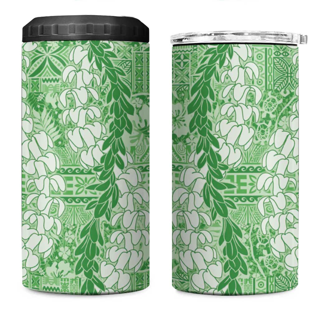 Green Puakenikeni and Maile Lei 4 in 1 Can Cooler Tumbler Hawaiian Style Tribal Tapa Double Strand Lei