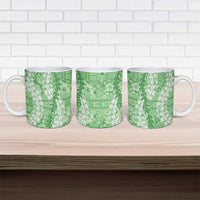 Green Puakenikeni and Maile Lei Ceramic Mug Hawaiian Style Tribal Tapa Double Strand Lei - Polynesian Pride