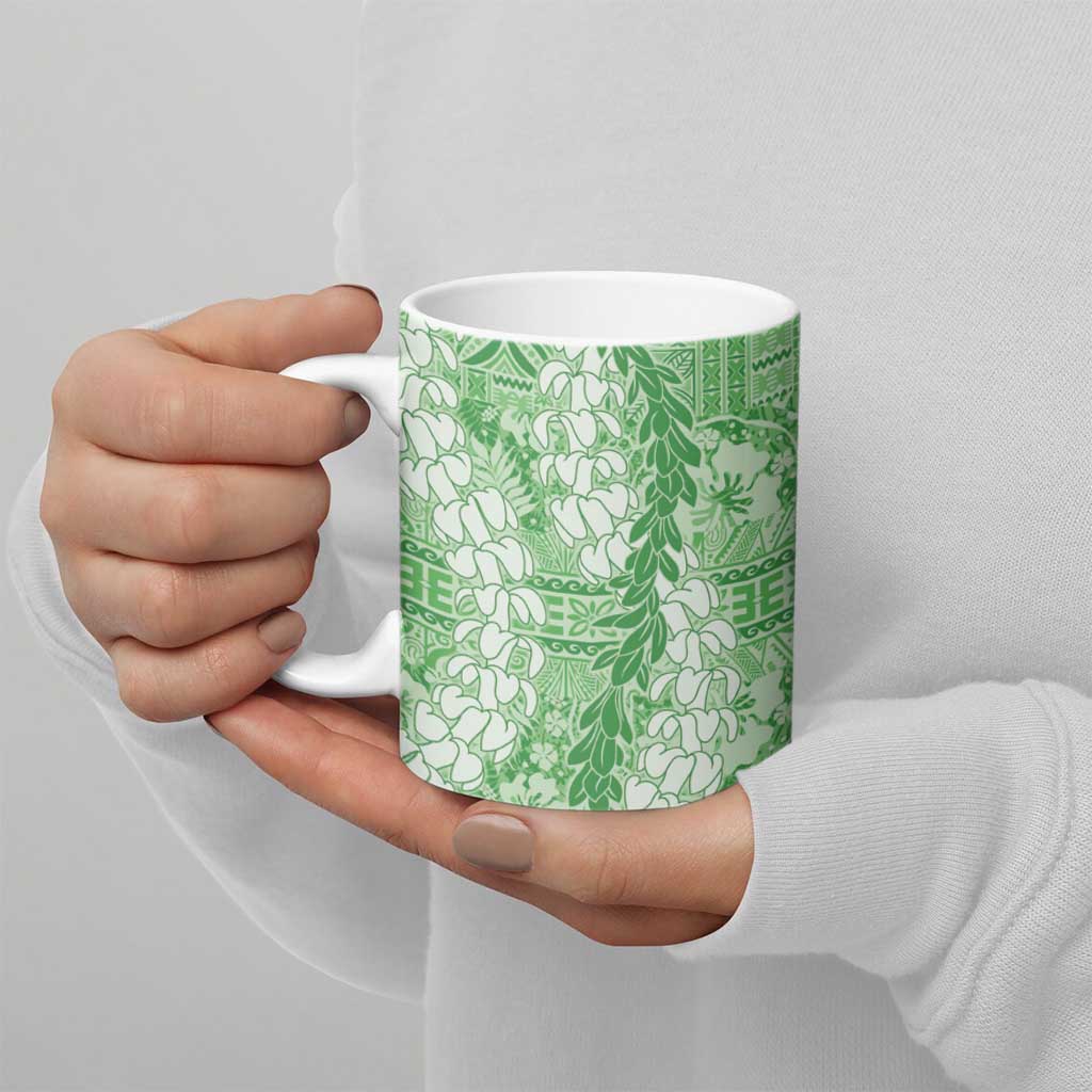 Green Puakenikeni and Maile Lei Ceramic Mug Hawaiian Style Tribal Tapa Double Strand Lei - Polynesian Pride