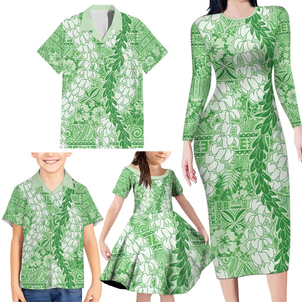 Green Puakenikeni and Maile Lei Family Matching Long Sleeve Bodycon Dress and Hawaiian Shirt Hawaiian Style Tribal Tapa Double Strand Lei