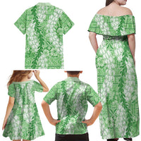 Green Puakenikeni and Maile Lei Family Matching Off Shoulder Maxi Dress and Hawaiian Shirt Hawaiian Style Tribal Tapa Double Strand Lei