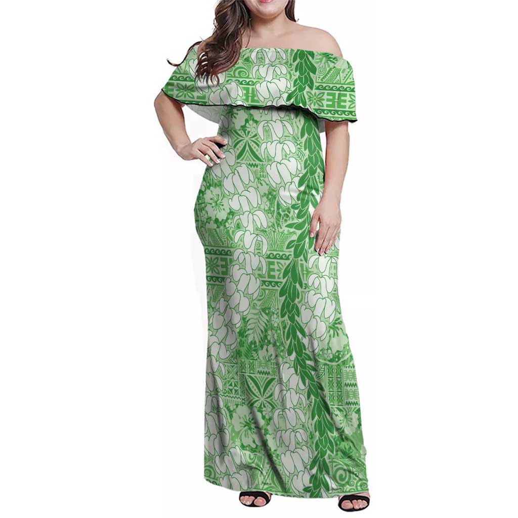 Green Puakenikeni and Maile Lei Family Matching Off Shoulder Maxi Dress and Hawaiian Shirt Hawaiian Style Tribal Tapa Double Strand Lei