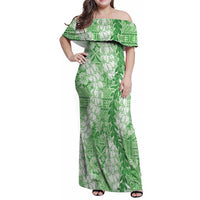 Green Puakenikeni and Maile Lei Family Matching Off Shoulder Maxi Dress and Hawaiian Shirt Hawaiian Style Tribal Tapa Double Strand Lei