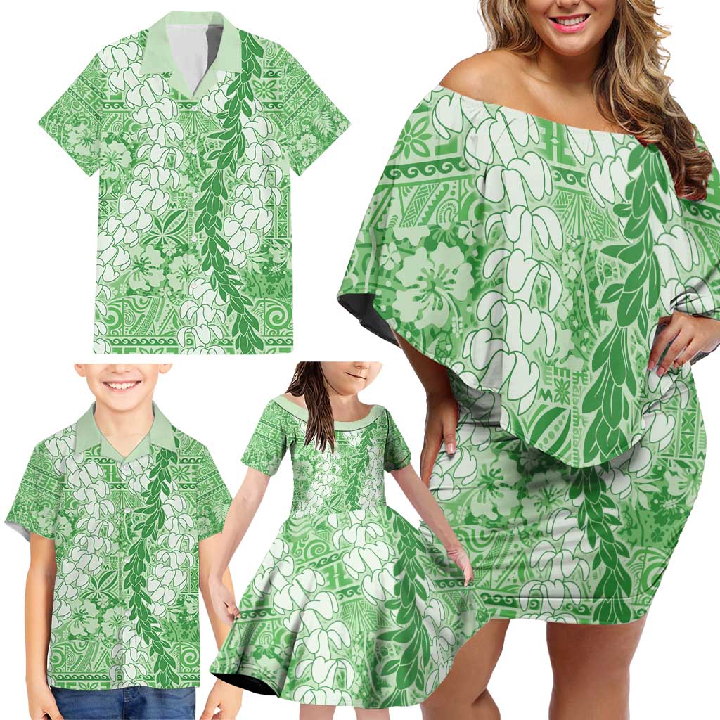 Green Puakenikeni and Maile Lei Family Matching Off Shoulder Short Dress and Hawaiian Shirt Hawaiian Style Tribal Tapa Double Strand Lei