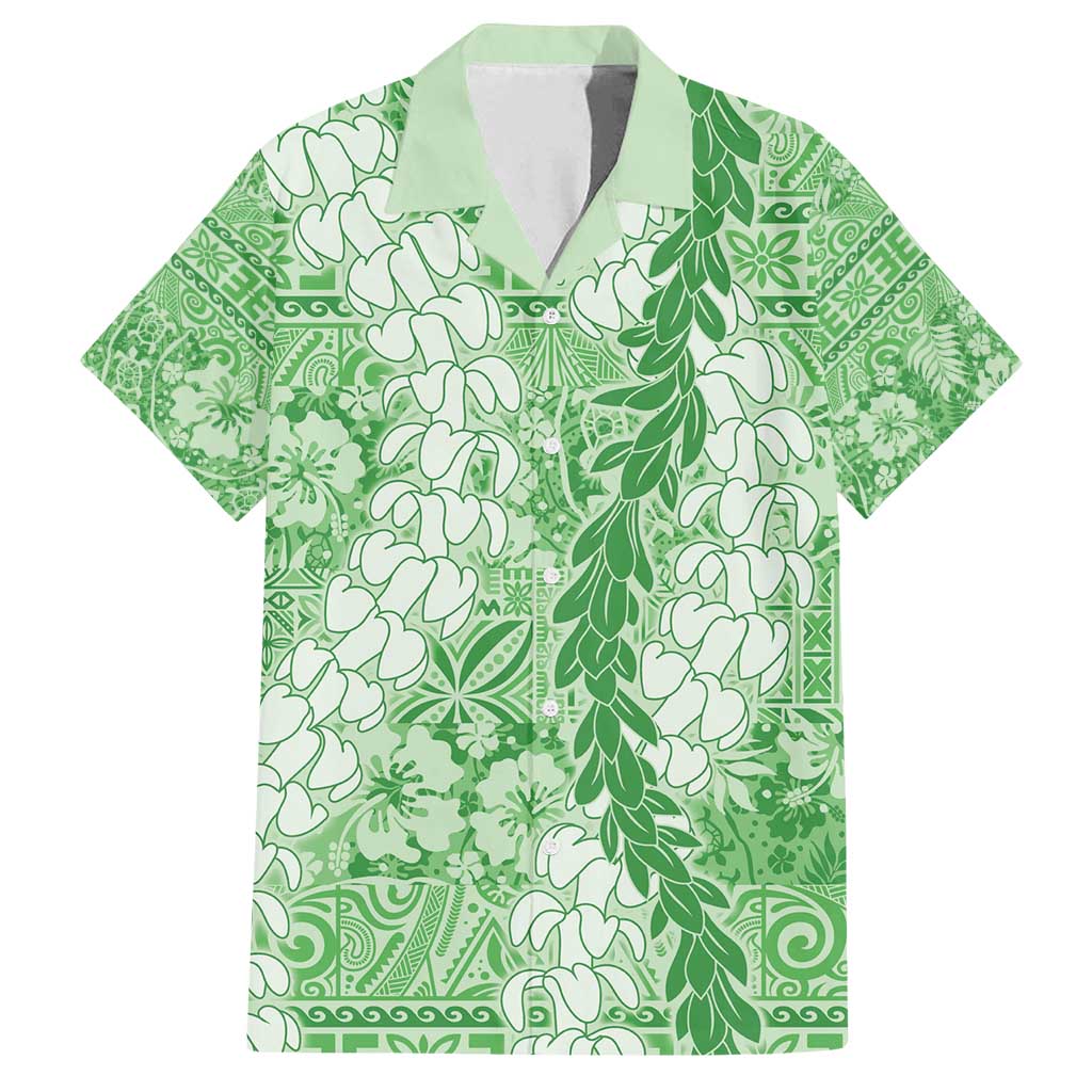 Green Puakenikeni and Maile Lei Family Matching Off Shoulder Short Dress and Hawaiian Shirt Hawaiian Style Tribal Tapa Double Strand Lei