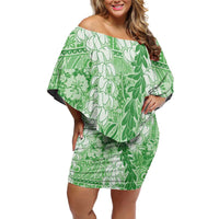 Green Puakenikeni and Maile Lei Family Matching Off Shoulder Short Dress and Hawaiian Shirt Hawaiian Style Tribal Tapa Double Strand Lei