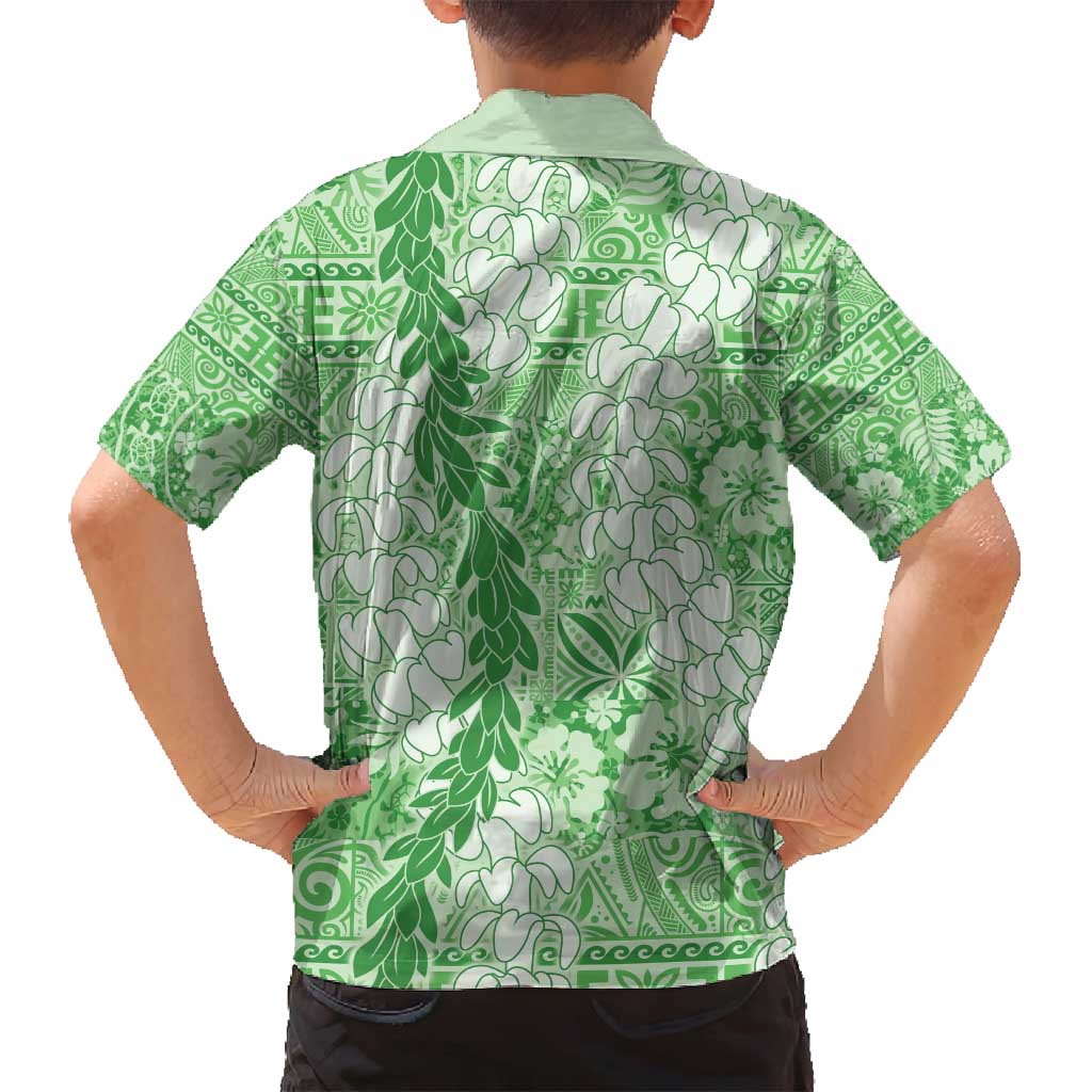 Green Puakenikeni and Maile Lei Family Matching Puletasi and Hawaiian Shirt Hawaiian Style Tribal Tapa Double Strand Lei LT9 - Polynesian Pride