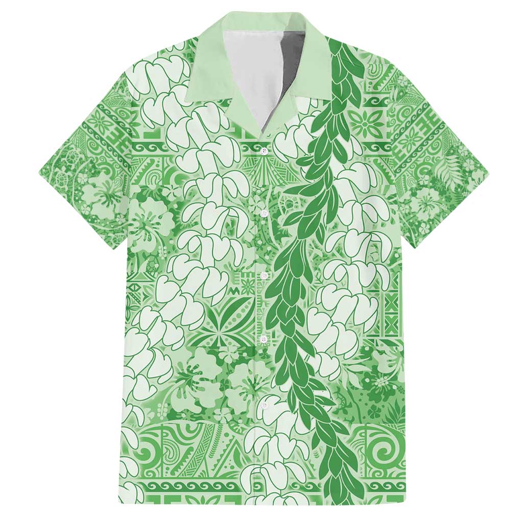 Green Puakenikeni and Maile Lei Family Matching Short Sleeve Bodycon Dress and Hawaiian Shirt Hawaiian Style Tribal Tapa Double Strand Lei LT9 Dad's Shirt - Short Sleeve Green - Polynesian Pride