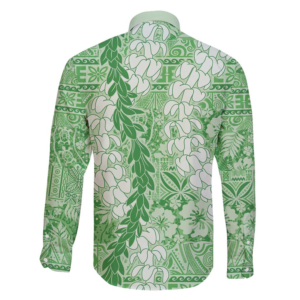 Green Puakenikeni and Maile Lei Family Matching Short Sleeve Bodycon Dress and Hawaiian Shirt Hawaiian Style Tribal Tapa Double Strand Lei LT9 - Polynesian Pride