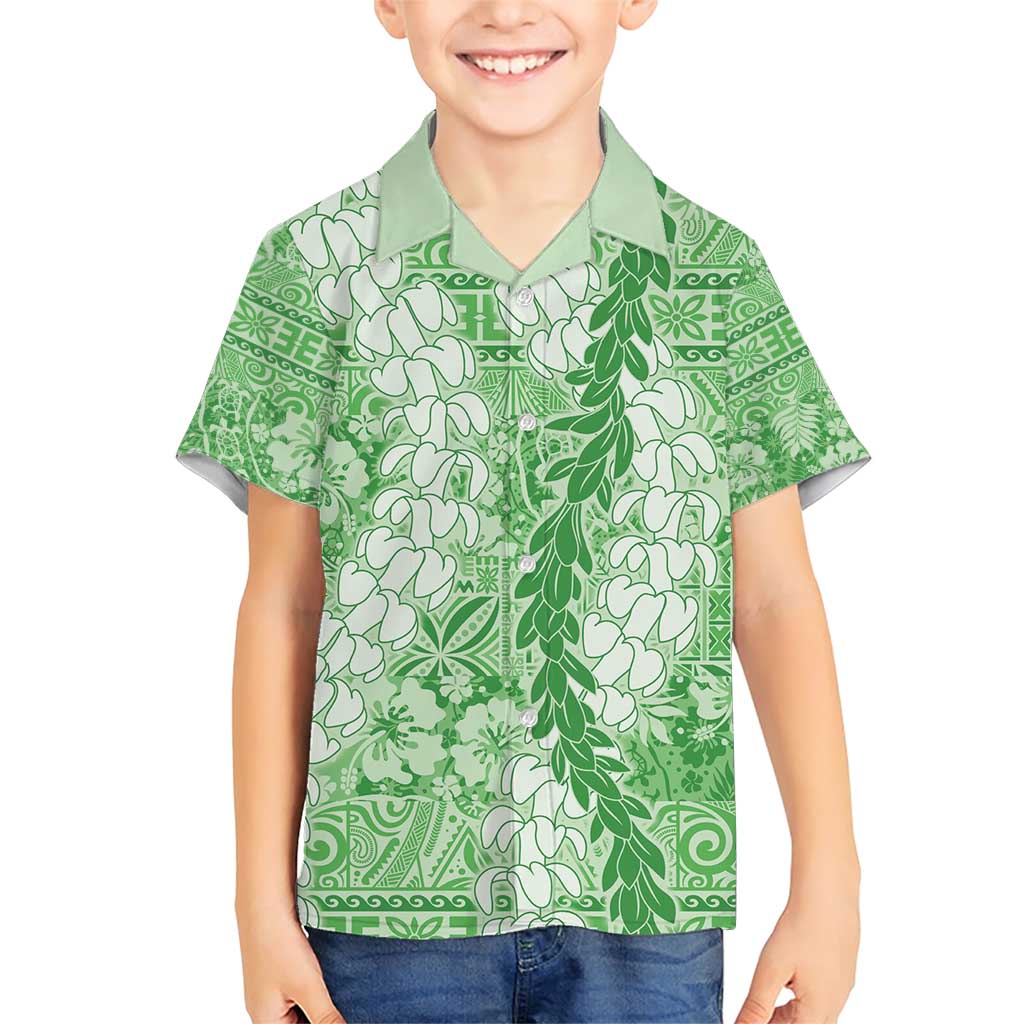 Green Puakenikeni and Maile Lei Family Matching Short Sleeve Bodycon Dress and Hawaiian Shirt Hawaiian Style Tribal Tapa Double Strand Lei LT9 Son's Shirt Green - Polynesian Pride