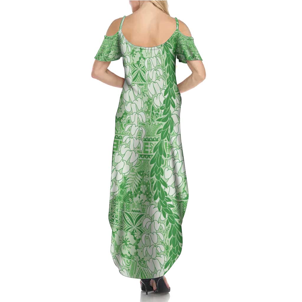 Green Puakenikeni and Maile Lei Family Matching Summer Maxi Dress and Hawaiian Shirt Hawaiian Style Tribal Tapa Double Strand Lei