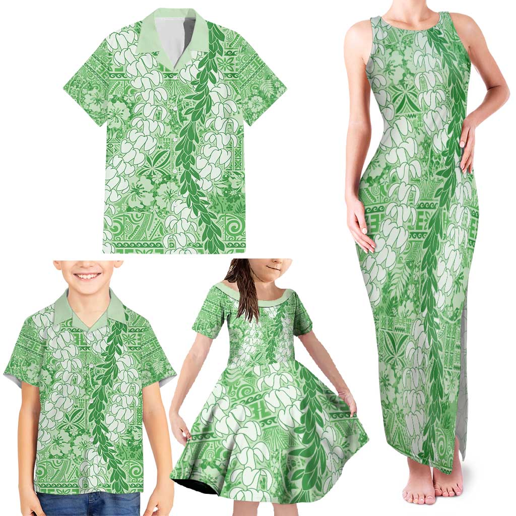 Green Puakenikeni and Maile Lei Family Matching Tank Maxi Dress and Hawaiian Shirt Hawaiian Style Tribal Tapa Double Strand Lei