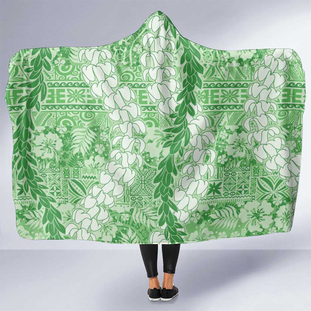 Green Puakenikeni and Maile Lei Hooded Blanket Hawaiian Style Tribal Tapa Double Strand Lei LT9 One Size Green - Polynesian Pride