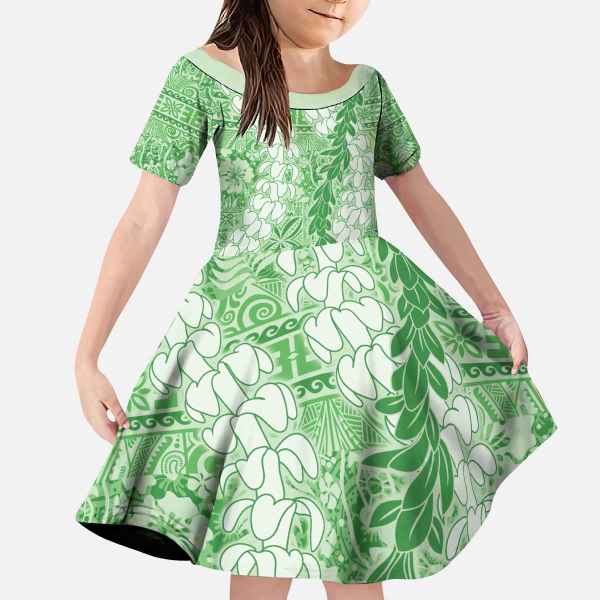 Green Puakenikeni and Maile Lei Kid Short Sleeve Dress Hawaiian Style Tribal Tapa Double Strand Lei