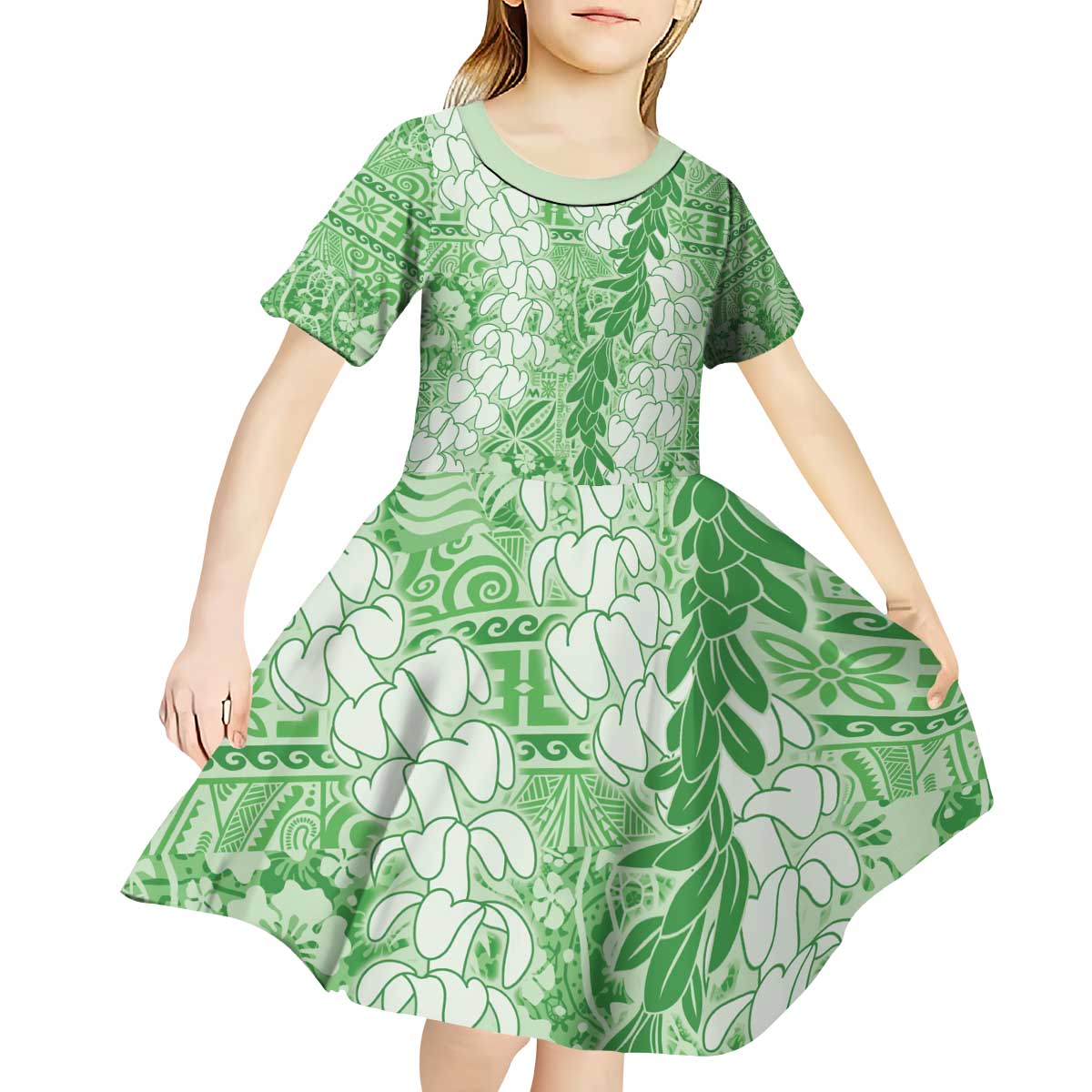 Green Puakenikeni and Maile Lei Kid Short Sleeve Dress Hawaiian Style Tribal Tapa Double Strand Lei