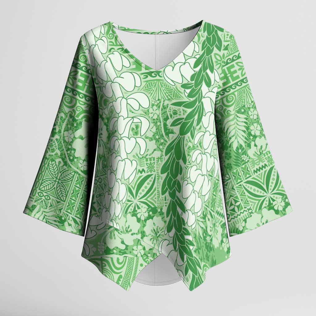 Green Puakenikeni and Maile Lei Kimono Sleeve Blouse Hawaiian Style Tribal Tapa Double Strand Lei - Polynesian Pride