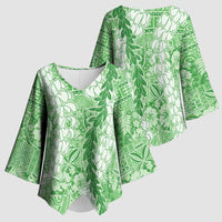 Green Puakenikeni and Maile Lei Kimono Sleeve Blouse Hawaiian Style Tribal Tapa Double Strand Lei - Polynesian Pride