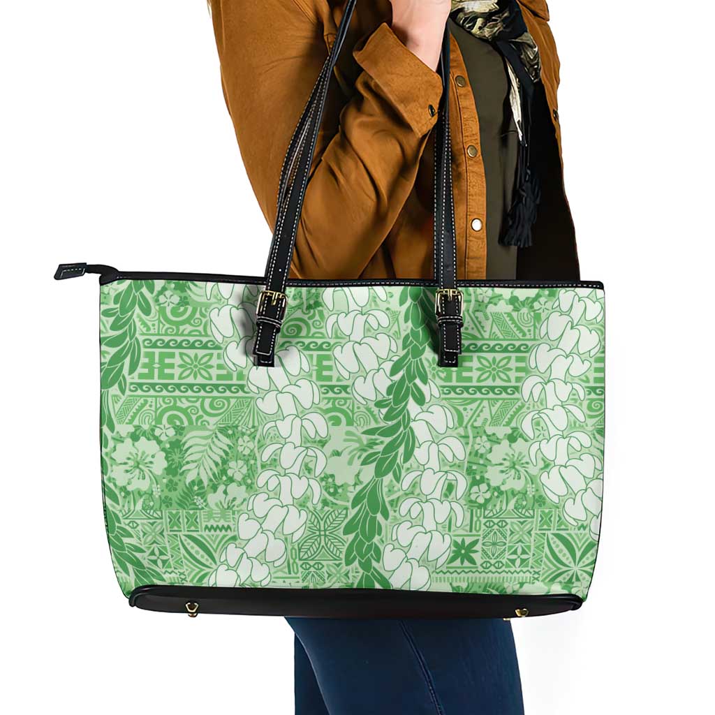 Green Puakenikeni and Maile Lei Leather Tote Bag Hawaiian Style Tribal Tapa Double Strand Lei
