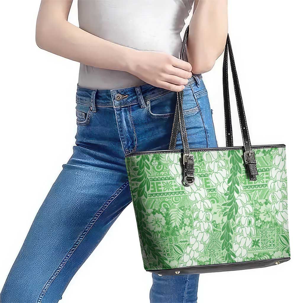 Green Puakenikeni and Maile Lei Leather Tote Bag Hawaiian Style Tribal Tapa Double Strand Lei