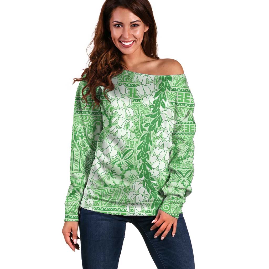 Green Puakenikeni and Maile Lei Off Shoulder Sweater Hawaiian Style Tribal Tapa Double Strand Lei