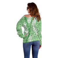 Green Puakenikeni and Maile Lei Off Shoulder Sweater Hawaiian Style Tribal Tapa Double Strand Lei