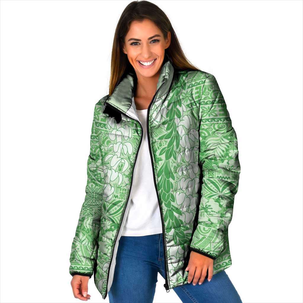 Green Puakenikeni and Maile Lei Padded Jacket Hawaiian Style Tribal Tapa Double Strand Lei - Polynesian Pride