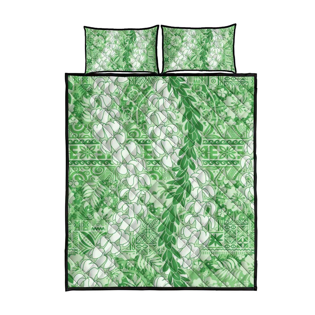 Green Puakenikeni and Maile Lei Quilt Bed Set Hawaiian Style Tribal Tapa Double Strand Lei