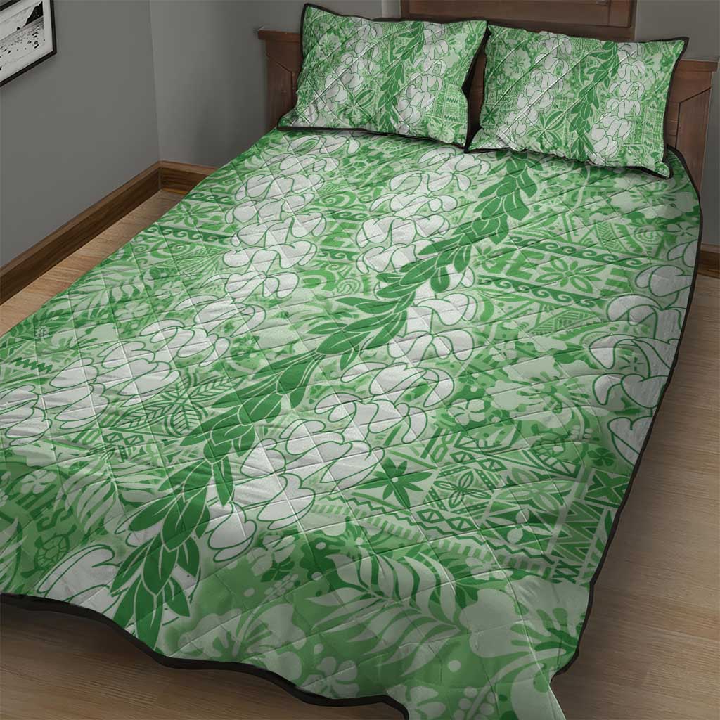 Green Puakenikeni and Maile Lei Quilt Bed Set Hawaiian Style Tribal Tapa Double Strand Lei