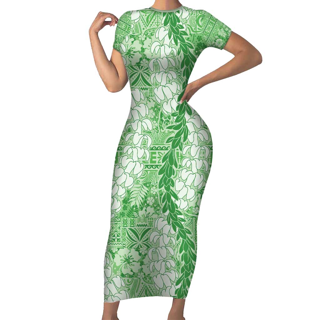 Green Puakenikeni and Maile Lei Short Sleeve Bodycon Dress Hawaiian Style Tribal Tapa Double Strand Lei