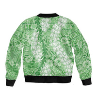Green Puakenikeni and Maile Lei Sleeve Zip Bomber Jacket Hawaiian Style Tribal Tapa Double Strand Lei