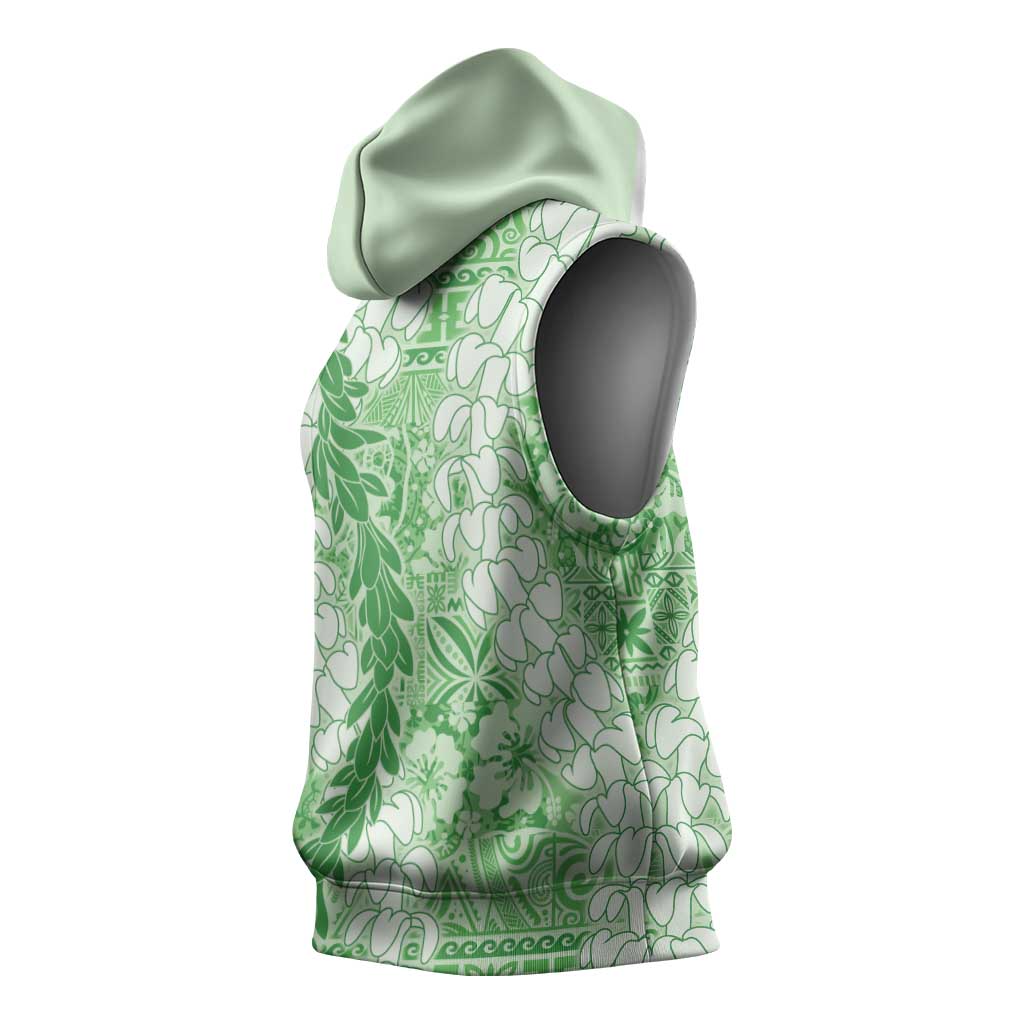 Green Puakenikeni and Maile Lei Sleeveless Hoodie Hawaiian Style Tribal Tapa Double Strand Lei - Polynesian Pride