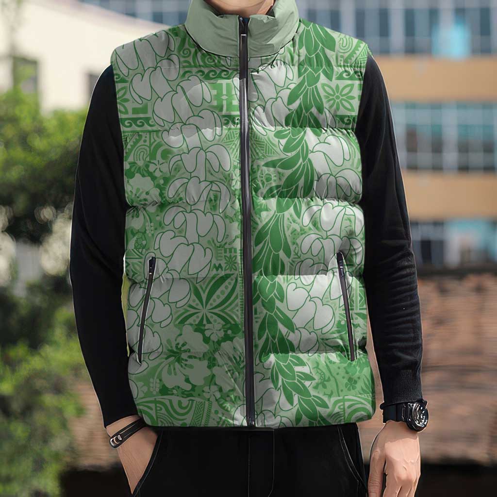 Green Puakenikeni and Maile Lei Sleeveless Puffer Jacket Hawaiian Style Tribal Tapa Double Strand Lei - Polynesian Pride