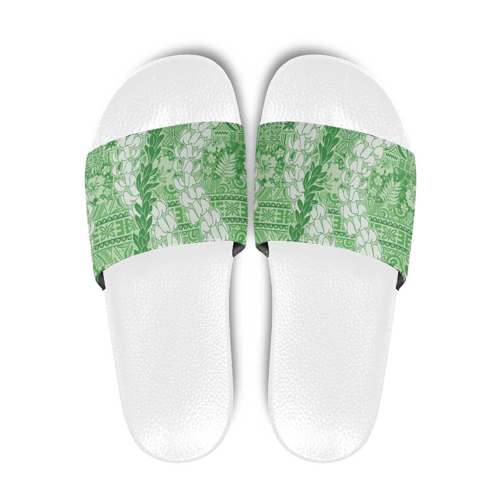 Green Puakenikeni and Maile Lei Slide Sandals Hawaiian Style Tribal Tapa Double Strand Lei - Polynesian Pride
