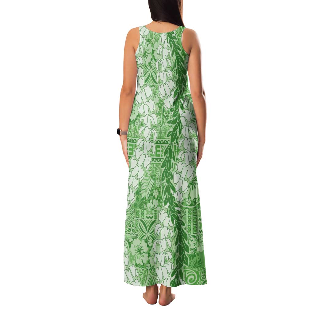 Green Puakenikeni and Maile Lei Tank Maxi Dress Hawaiian Style Tribal Tapa Double Strand Lei
