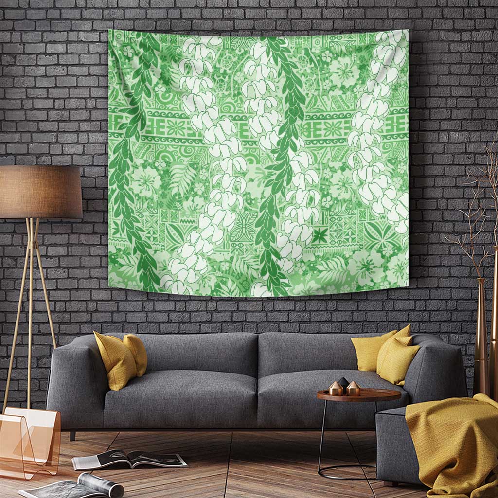 Green Puakenikeni and Maile Lei Tapestry Hawaiian Style Tribal Tapa Double Strand Lei