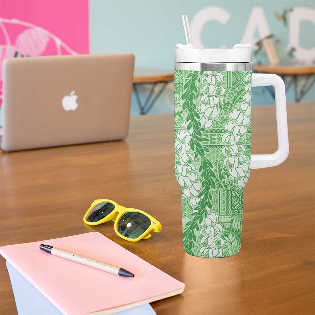 Green Puakenikeni and Maile Lei Tumbler With Handle Hawaiian Style Tribal Tapa Double Strand Lei