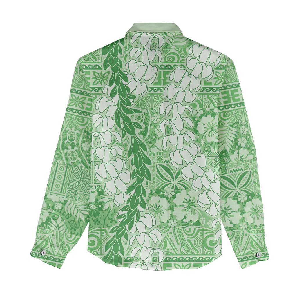 Green Puakenikeni and Maile Lei Women Casual Shirt Hawaiian Style Tribal Tapa Double Strand Lei
