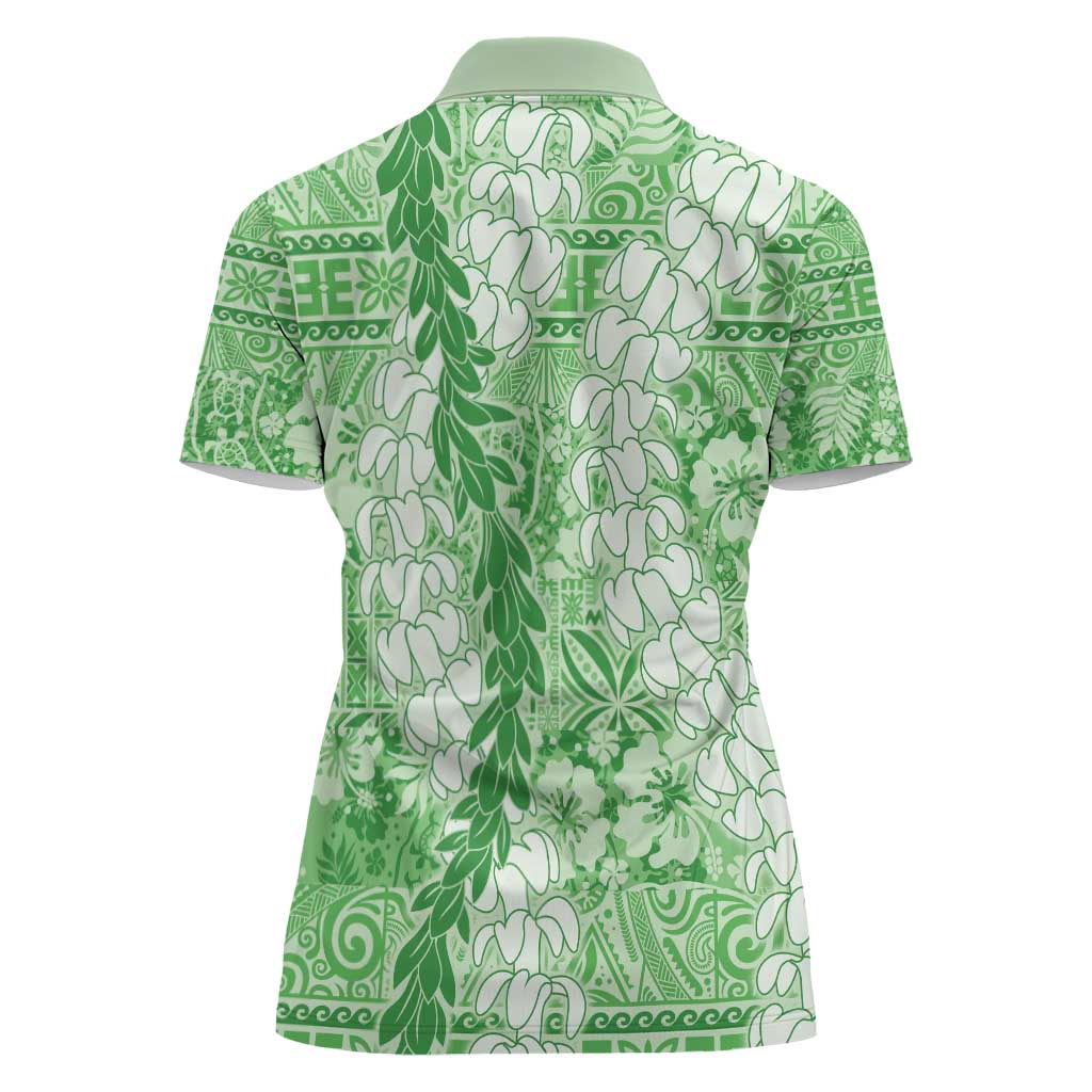 Green Puakenikeni and Maile Lei Women Polo Shirt Hawaiian Style Tribal Tapa Double Strand Lei