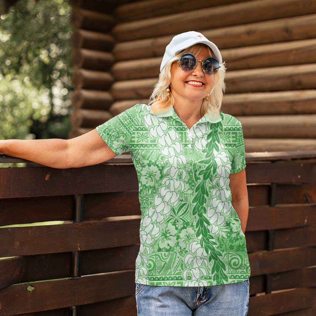 Green Puakenikeni and Maile Lei Women Polo Shirt Hawaiian Style Tribal Tapa Double Strand Lei