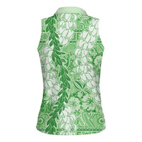Green Puakenikeni and Maile Lei Women Sleeveless Polo Shirt Hawaiian Style Tribal Tapa Double Strand Lei