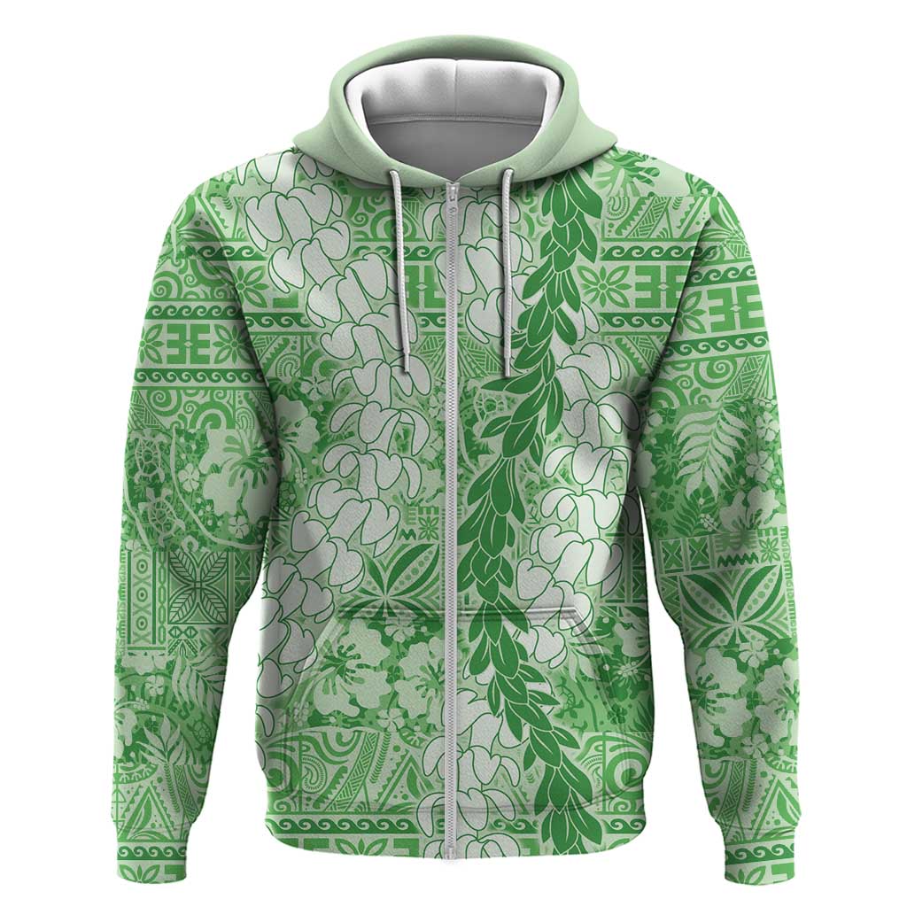 Green Puakenikeni and Maile Lei Zip Hoodie Hawaiian Style Tribal Tapa Double Strand Lei