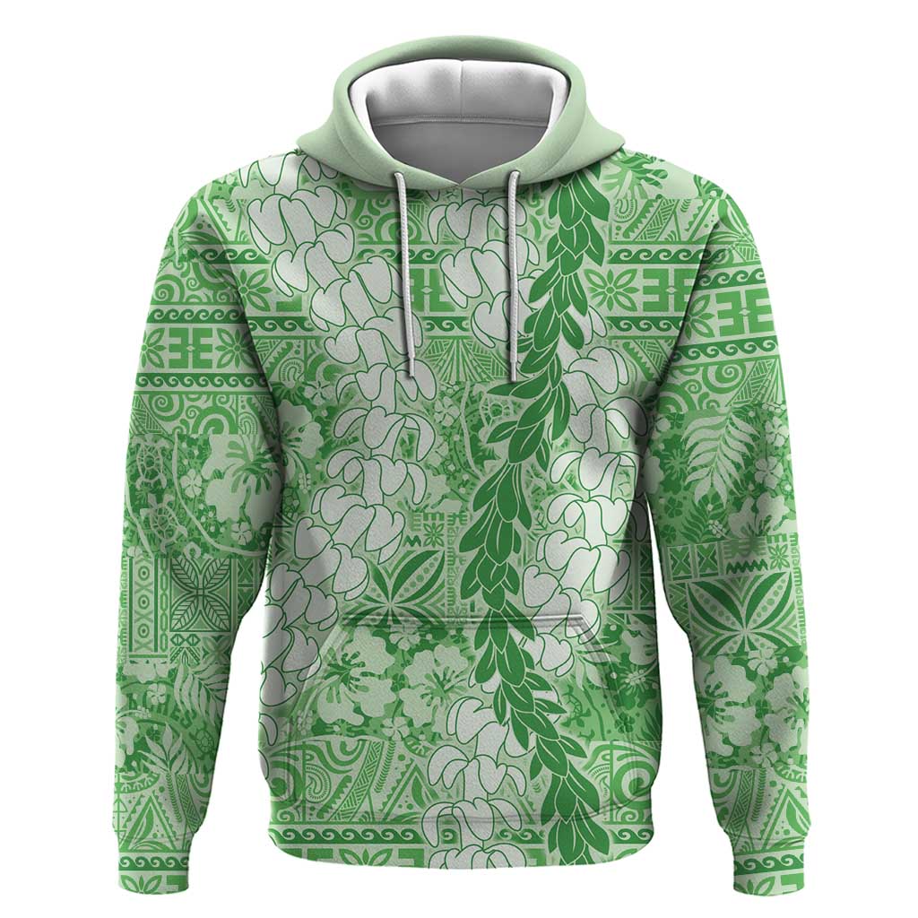 Green Puakenikeni and Maile Lei Zip Hoodie Hawaiian Style Tribal Tapa Double Strand Lei