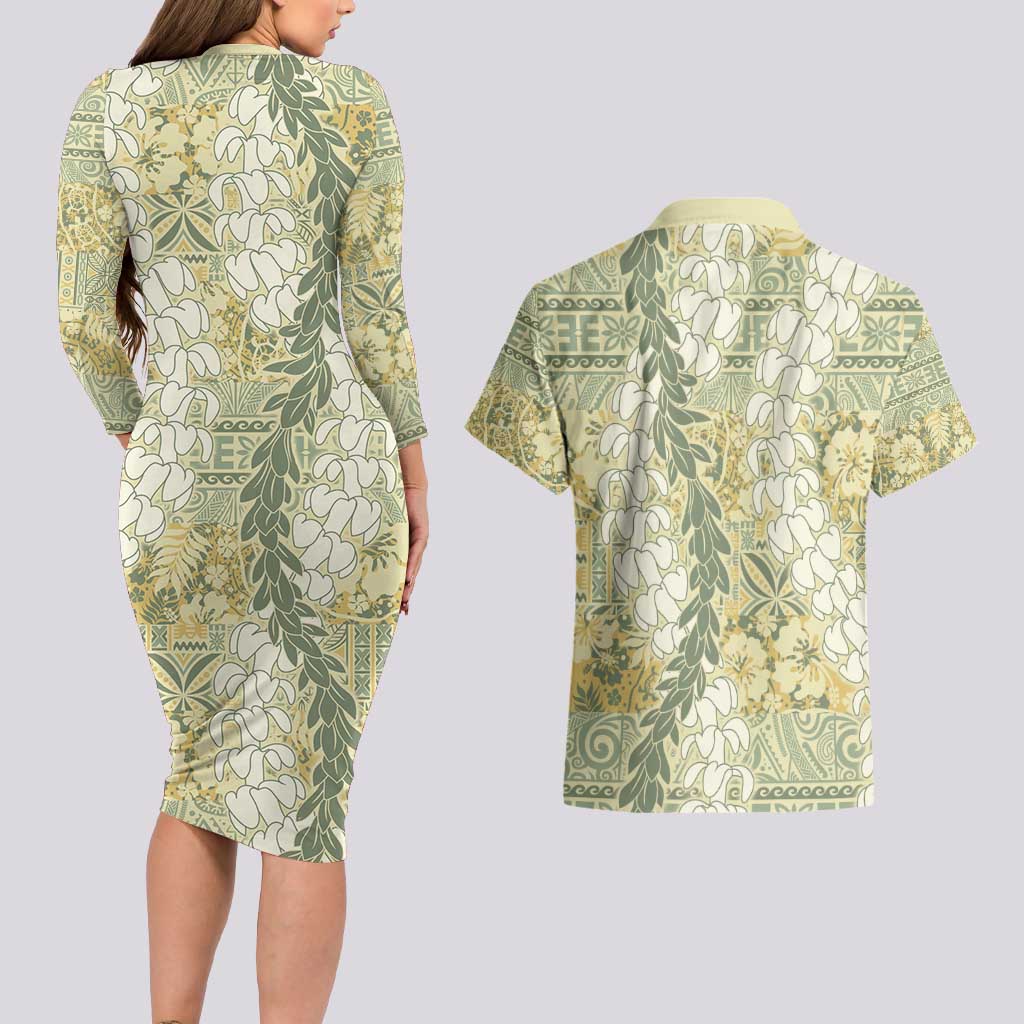 Vintage Puakenikeni and Maile Lei Couples Matching Long Sleeve Bodycon Dress and Hawaiian Shirt Hawaiian Style Tribal Tapa Double Strand Lei