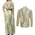 Vintage Puakenikeni and Maile Lei Couples Matching Off Shoulder Maxi Dress and Long Sleeve Button Shirt Hawaiian Style Tribal Tapa Double Strand Lei