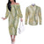 Vintage Puakenikeni and Maile Lei Couples Matching Off The Shoulder Long Sleeve Dress and Long Sleeve Button Shirt Hawaiian Style Tribal Tapa Double Strand Lei