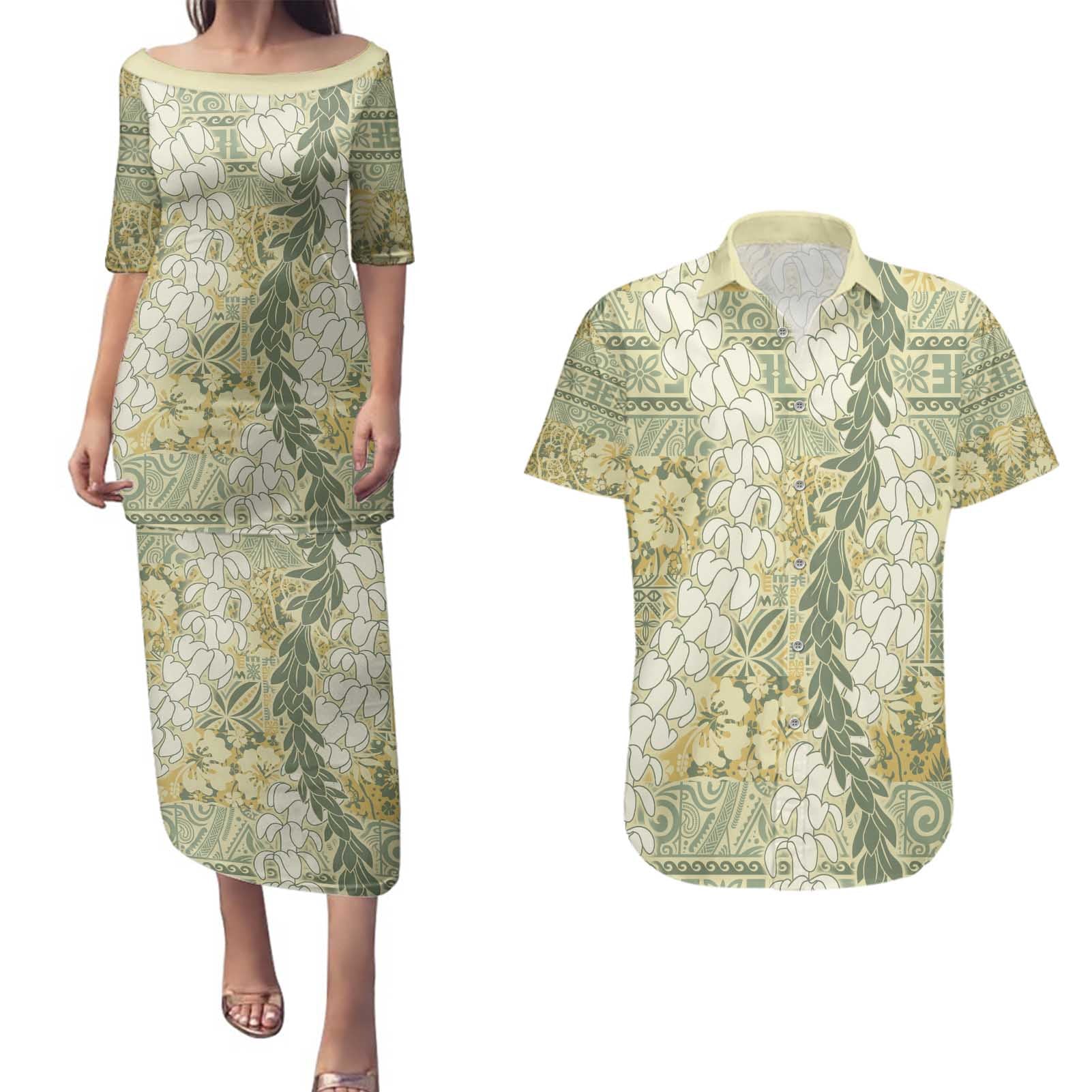 Vintage Puakenikeni and Maile Lei Couples Matching Puletasi and Hawaiian Shirt Hawaiian Style Tribal Tapa Double Strand Lei