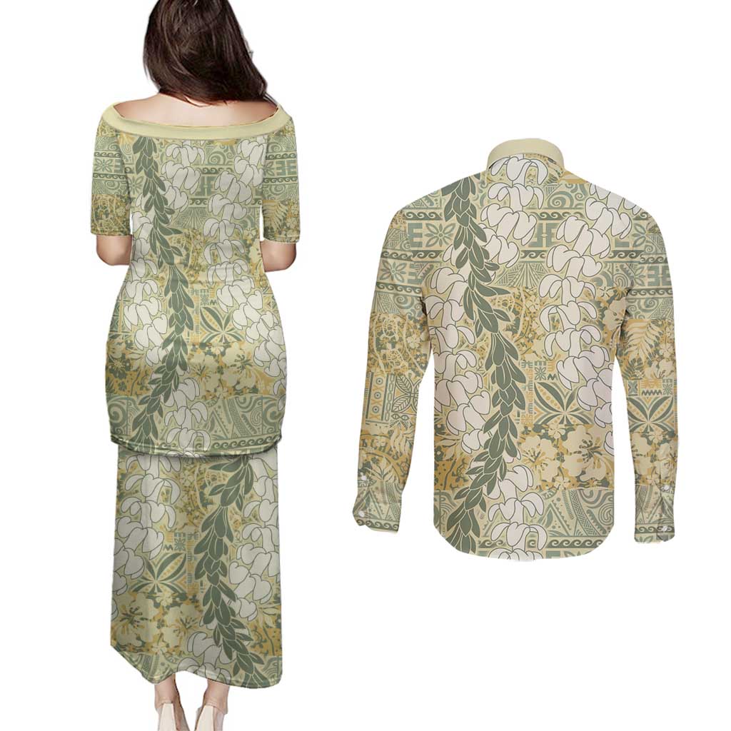 Vintage Puakenikeni and Maile Lei Couples Matching Puletasi and Long Sleeve Button Shirt Hawaiian Style Tribal Tapa Double Strand Lei