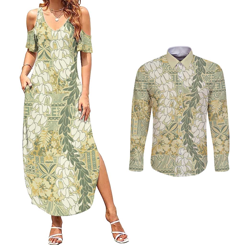 Vintage Puakenikeni and Maile Lei Couples Matching Summer Maxi Dress and Long Sleeve Button Shirt Hawaiian Style Tribal Tapa Double Strand Lei