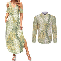 Vintage Puakenikeni and Maile Lei Couples Matching Summer Maxi Dress and Long Sleeve Button Shirt Hawaiian Style Tribal Tapa Double Strand Lei